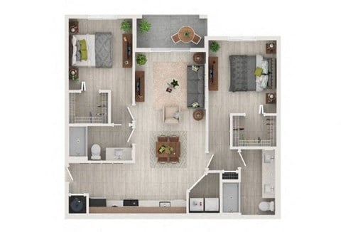 Floor plan for 2 beds, 2 baths, 1057 sqft
